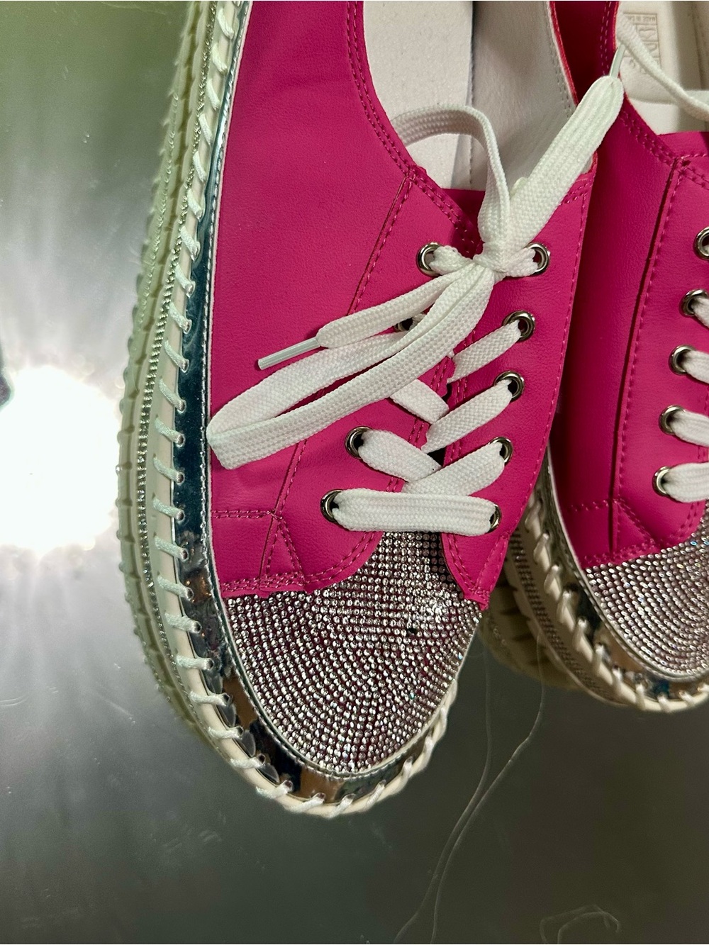 New Rhinestone Lace-Up Sneakers in Hot Pink with Rhinestone Toe